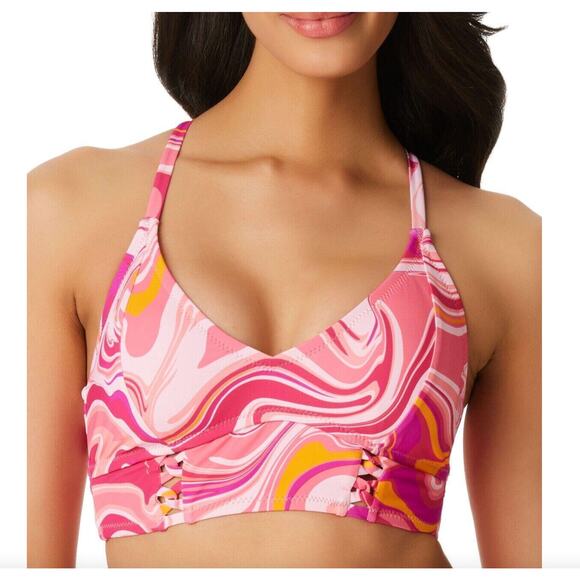 Jessica Simpson Good Vibrations Cropped Pink Bikini Swim Top Women's Medium NWT - Picture 1 of 4